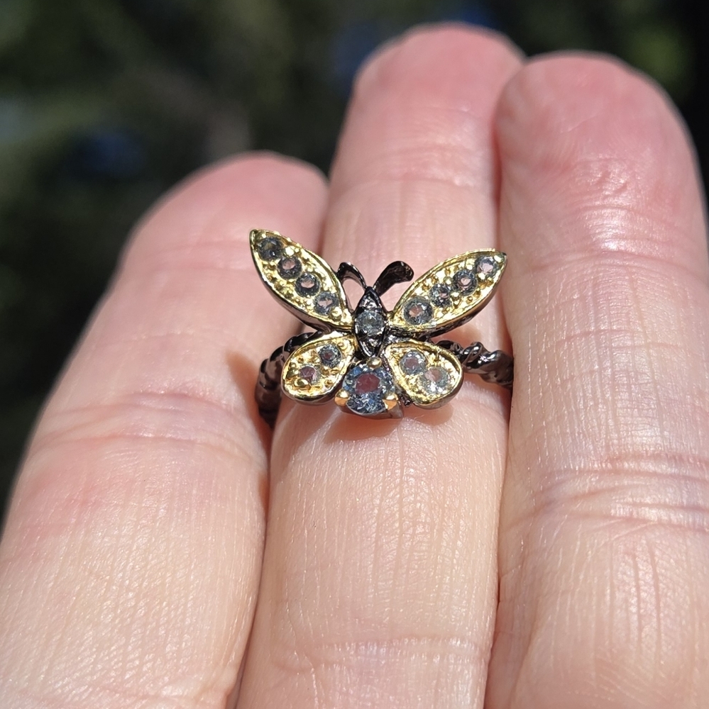 Blue Topaz Natural Gemstone Sterling Rhodium & Gold Butterfly Ring Sz7 - Picture 6 of 10